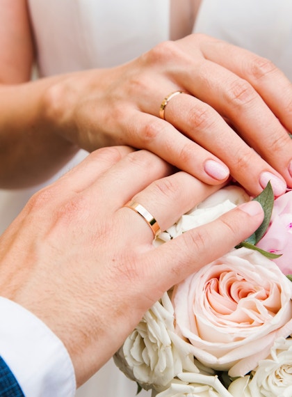 Newly married couples hands with wedding bands at The Kingsbury Hotel